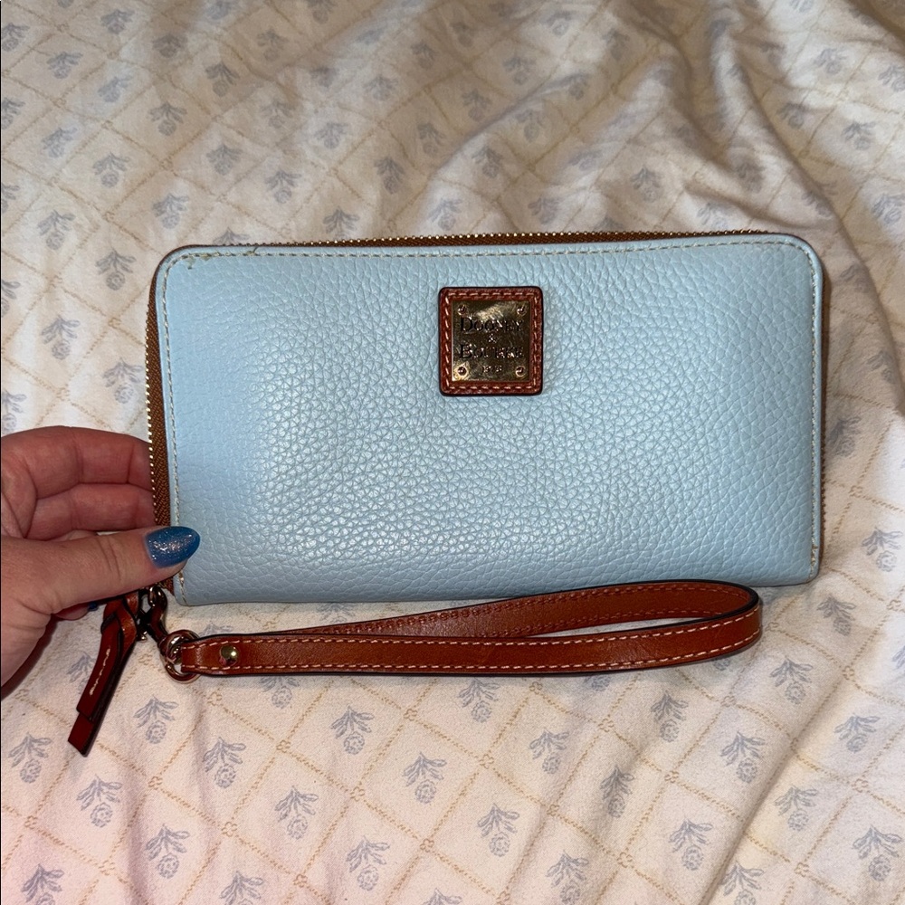 Dooney & Bourke Sky Blue Wristlet with Tan Trim